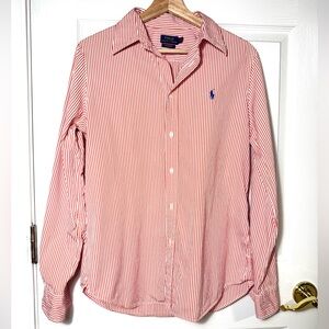 Ralph Lauren Women’s Orange and White Striped Button Down Shirt Blue Pony Size10